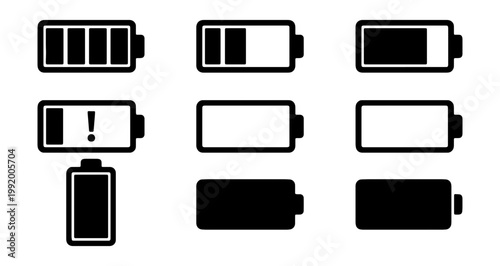 Battery level icon set, 9 power status vectors, charging indicator symbols