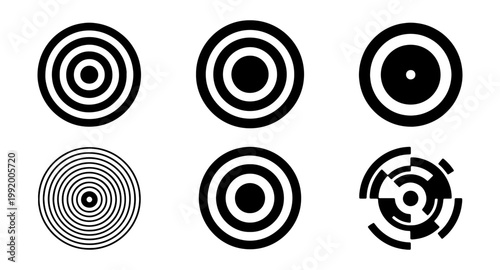 Minimalist target icons set, black concentric circles, 6 vector elements
