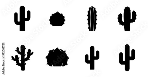 Cactus silhouette icons, 8 desert plant vector set, black succulent shapes