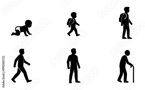 Human life cycle silhouettes, male aging process set, 6 vector icons