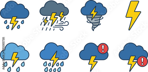 Thunderstorm weather vector icon set with lightning clouds rain storm warning symbols severe climate elements isolated on white background clean design