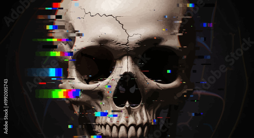 Glitchy skull with distorted pixelated effects.