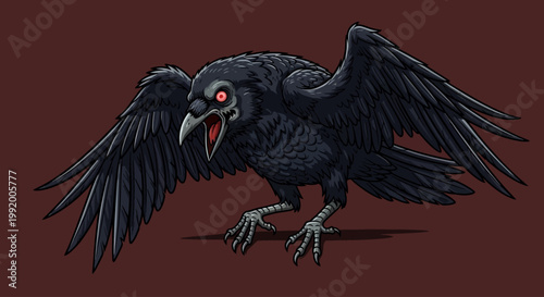A cartoon crow with open wings and red eyes.