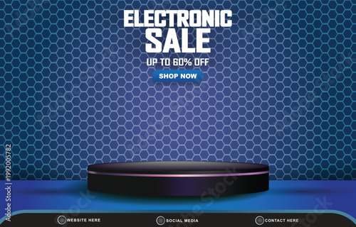 electronic sale social media template banner post with blank space 3d podium for product sale with abstract gradient blue background