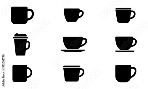 Coffee mug icon set, black tea cup silhouettes, 9 drinkware vector elements