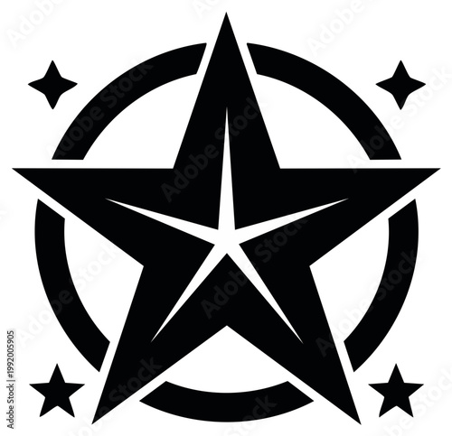 Bold graphic of star emblem inside circle with additional star elements
