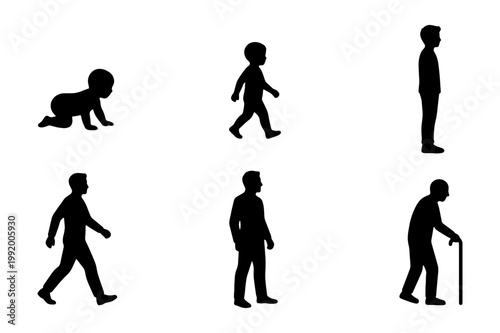 Human aging process silhouettes, male life cycle vector, 6 growth stages