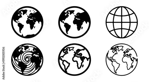Globe icon set, 6 world map vector symbols, black earth planet silhouettes