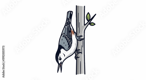 A cute bird clings upside down to a tree trunk with a few leaves