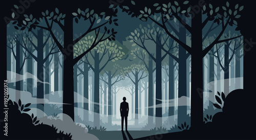 a man stands alone in a forest.