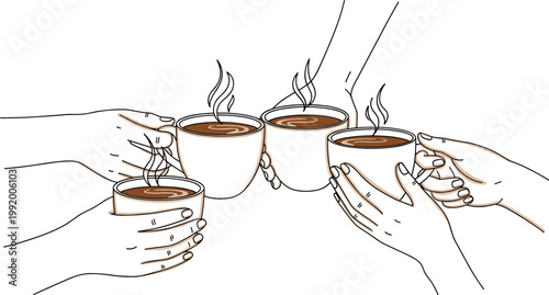 Clinking Coffee Cups with Hands - Vector Illustration