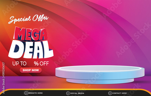 special offer mega sale discount template banner with blank space 3d podium for product sale with abstract gradient purple and yellow background design