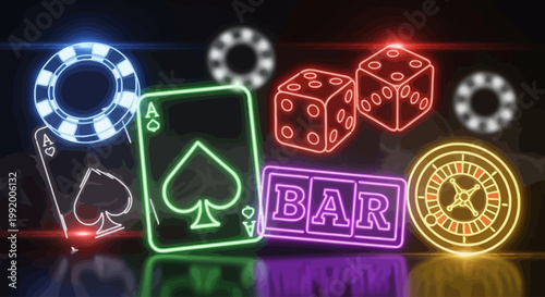 neon casino symbols on dark background.