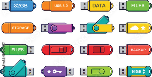 USB flash drive vector illustration set with colorful storage devices data backup memory sticks and portable technology elements isolated on white background design