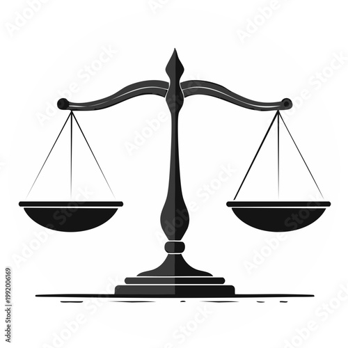 Silhouette of a classic justice scale or balance, symbolizing law, equality, and equilibrium in black and white.