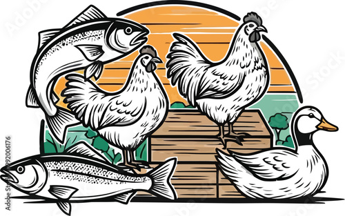 Farm animals and fish, of chickens, duck, and fish on wooden steps