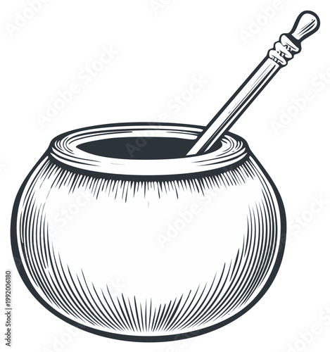 Classic Yerba Mate Gourd and Bombilla Straw in a Vintage Engraving Style