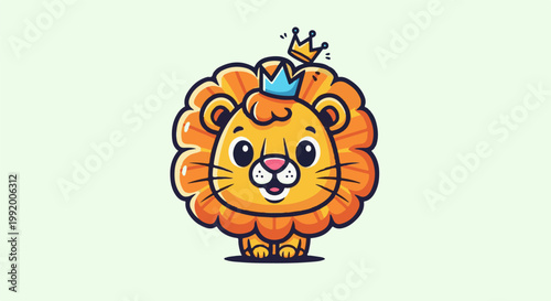 A cute cartoon lion cub, with a blue and gold crown, smiles happily