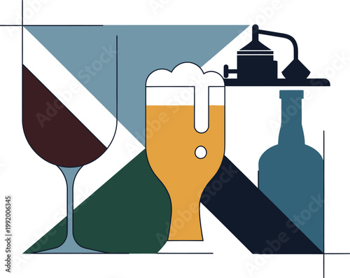 Wine glass, beer glass, bottle, and tap, geometric shapes