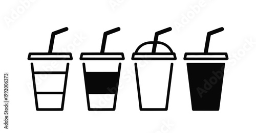 Disposable cup vector icons with straws in black and white
