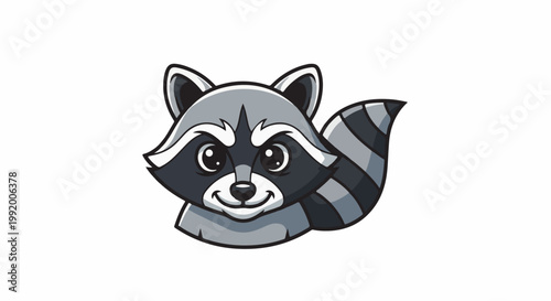 A cute, cartoonish raccoon face and tail in shades of grey and black