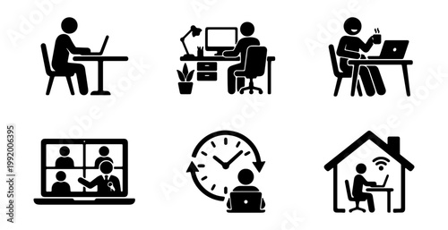 Remote work, office icons, people working, home office, productivity symbols, vector set