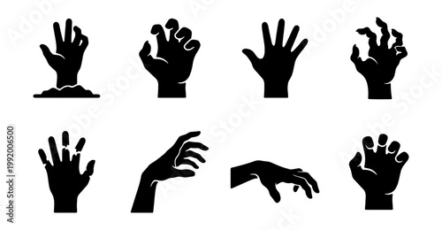 Black hand icons, hand gestures, silhouette hands, 8 hand symbols