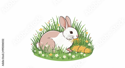 A cute illustration of a bunny nibbling on hay surrounded by grass and small flowers