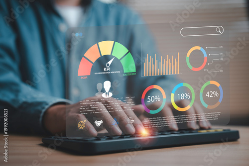 KPI dashboard analytics concept with business data visualization, performance metrics, charts and reports show strategy optimization, productivity tracking and data driven decision making for success