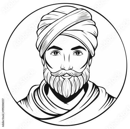 Illustration of bearded man wearing turban in line art style, design element on round frame.