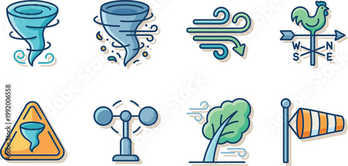 Wind weather vector icon set with tornado hurricane airflow direction symbols anemometer windsock tree storm elements isolated on white background design