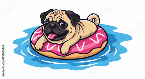 A cute pug dog floats happily on a pink donut-shaped float in blue water