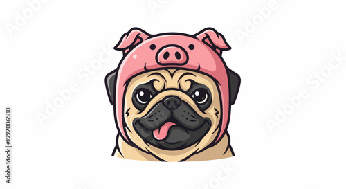 A cute pug wears a pink pig-shaped hat and sticks out its tongue