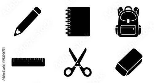 School supplies icons, black and white, educational tools, stationery set