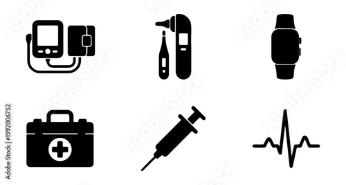 Medical icons, healthcare symbols, black vector graphics, first aid kit, syringe, blood pressure