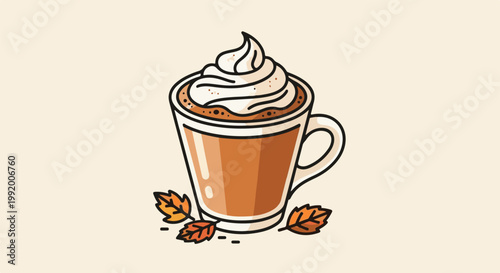A cozy, stylized illustration of a warm beverage topped with whipped cream, nestled among autumn leaves