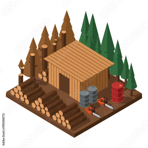 Wooden Cabin with Logs and Barrels.