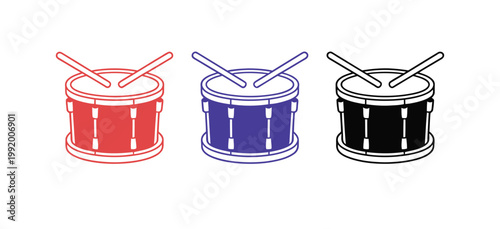 Drum colorful icon set with red, blue and black drums and drumsticks