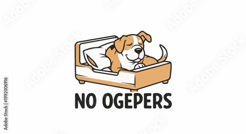 A contented dog sleeps soundly in its bed with a pillow, text below