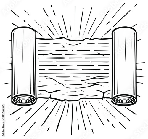 Unrolled ancient scroll with radiating lines suggesting discovery and information