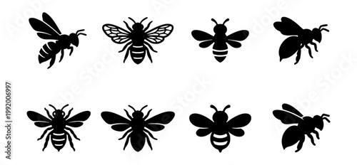 Black bee icons, insect silhouettes, bee graphics, insect illustrations, vector bees