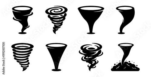Tornado icon set, black cyclone vector silhouettes, 8 weather storm symbols