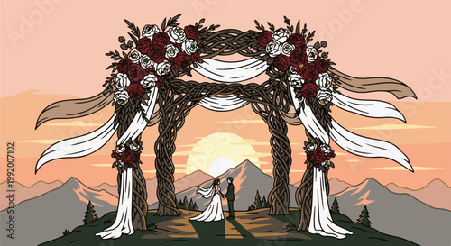 A couple exchanges vows under a floral arch during a sunset mountain wedding ceremony