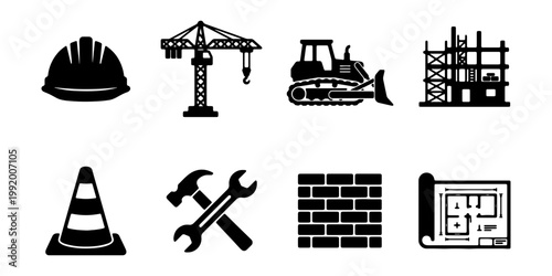 Construction icon set, industrial building symbols, 8 black vector silhouettes