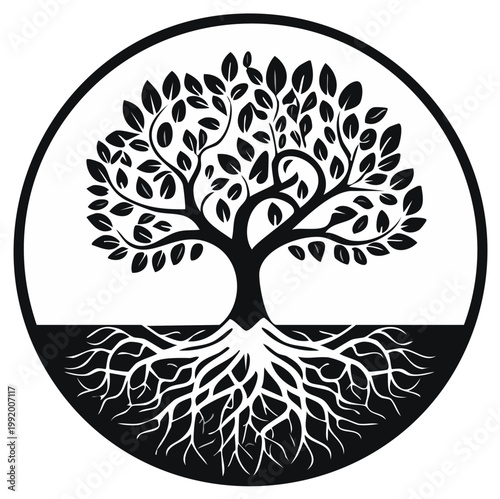Symbolic Circular Tree of Life Illustration with Visible Roots and Branches
