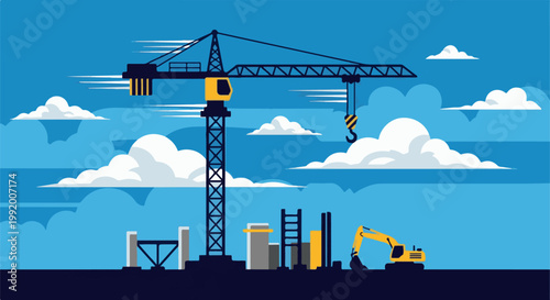 A construction site with a large crane, excavator, and partially built structures under a cloudy sky