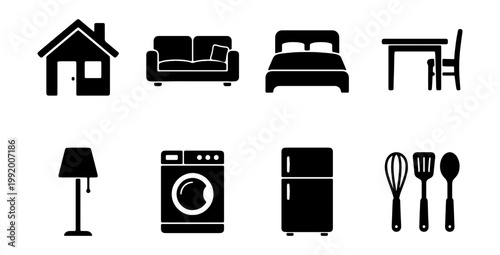 Home, furniture, and appliance icons, black silhouette set