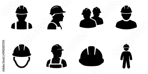 Construction worker icon set, industrial builder silhouettes, 8 black vector symbols