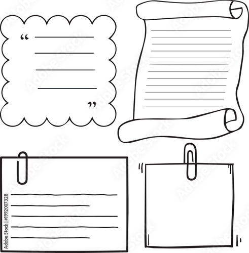 Hand drawn paper scrolls and labels a sketchy collection for notes and messages