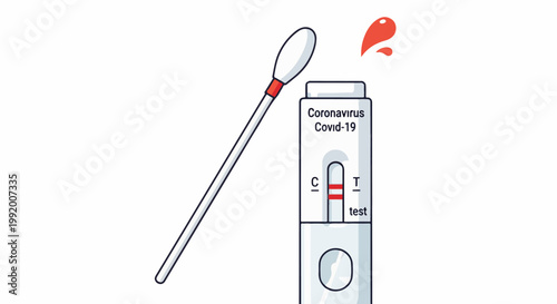 A Covid-19 test stick and result card with a positive indicator and blood droplets